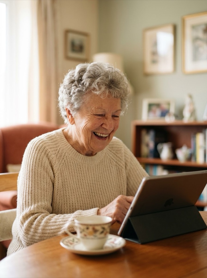 A member laughing during a video call on her tablet