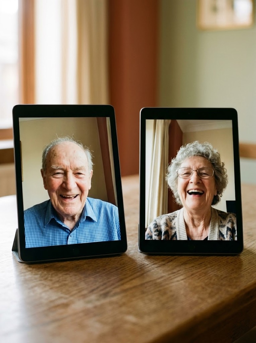 Two friends laughing together on a video call