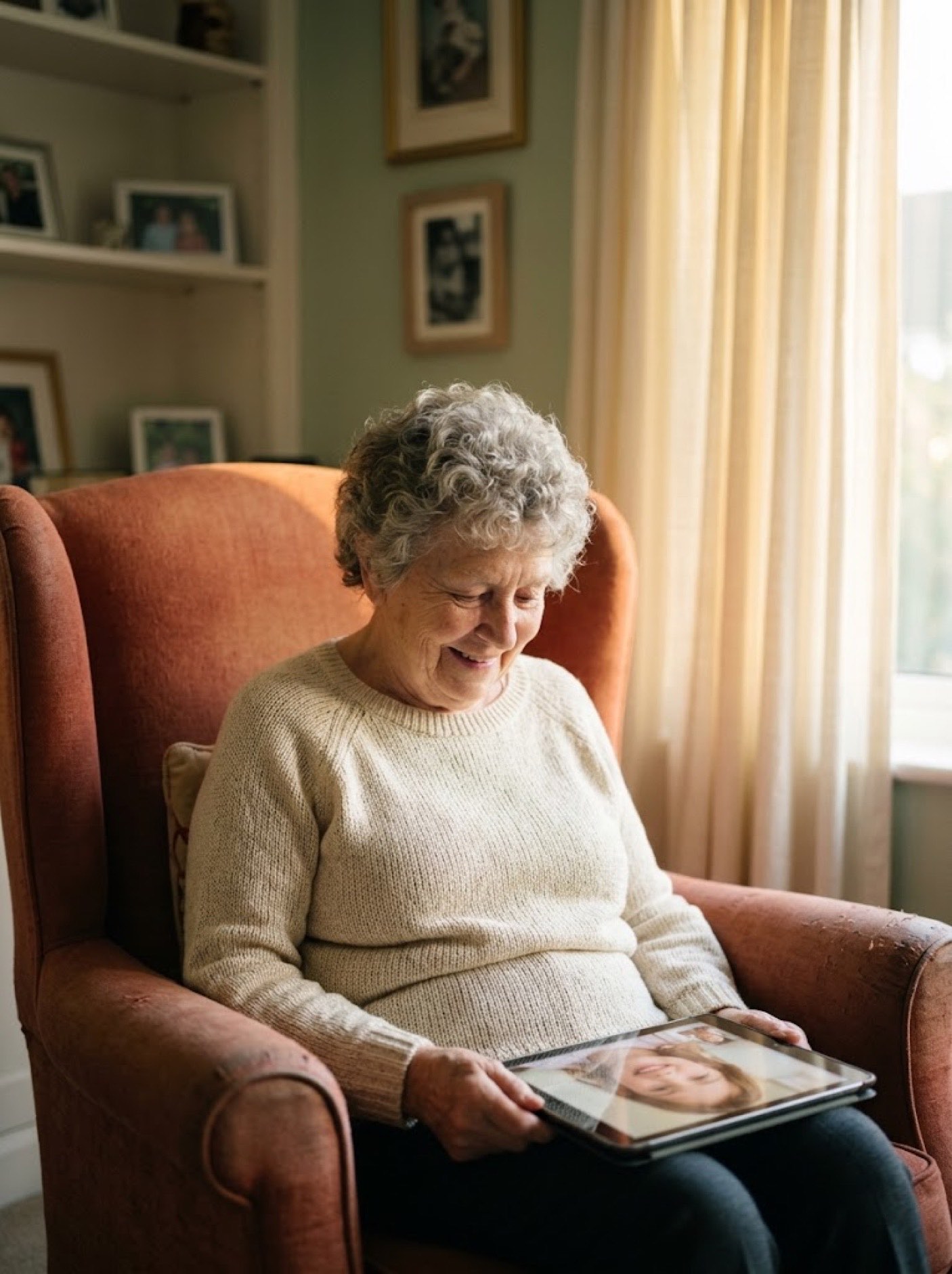 A member relaxing in her armchair on a video call